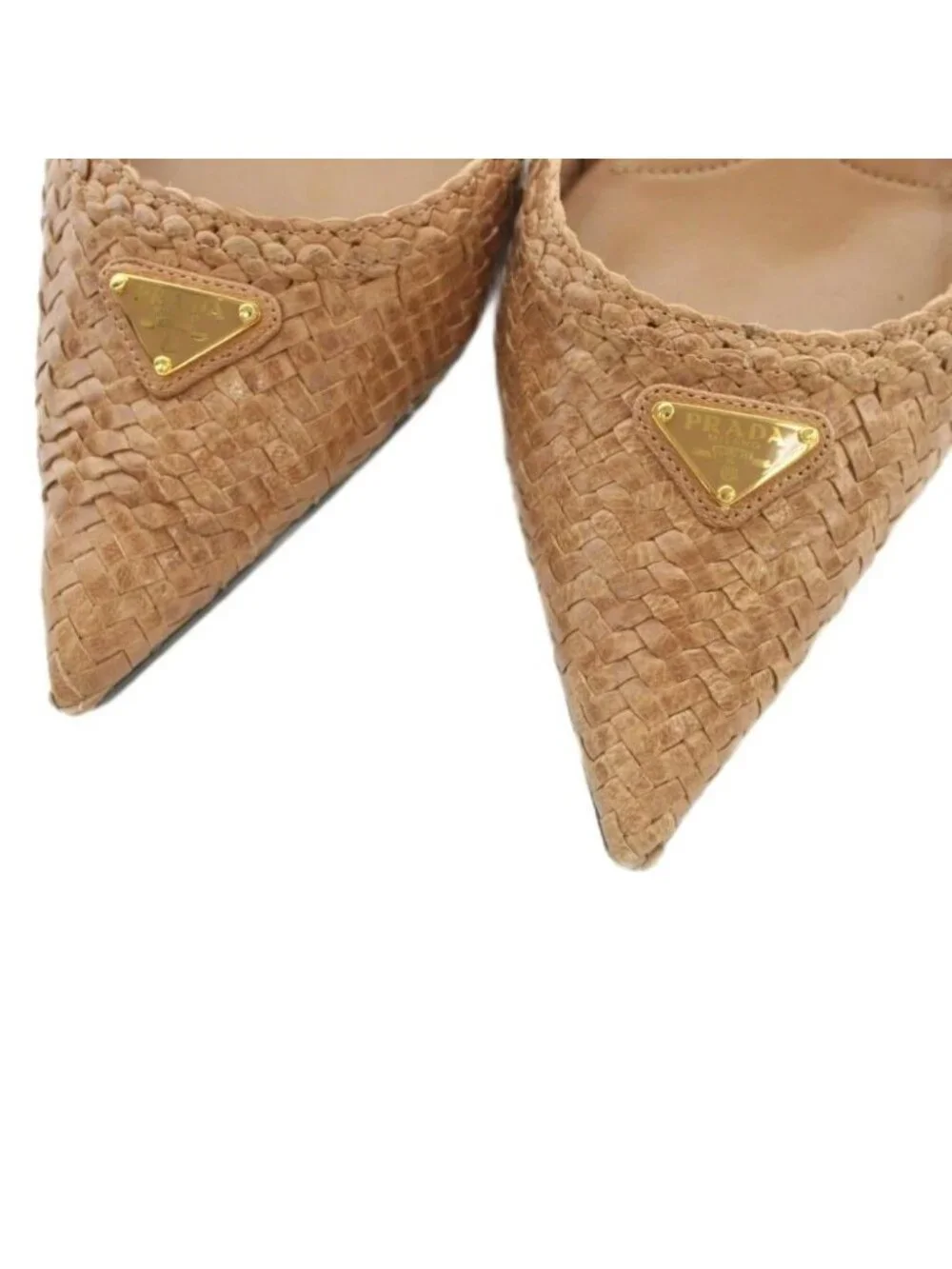 Prada Pumps Pointed Toe Woven Leather Slingback Brown Heel